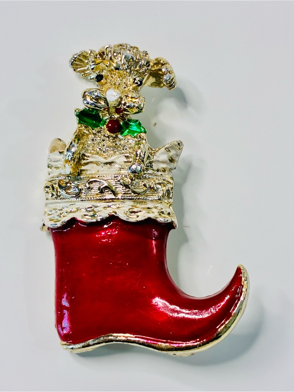 VTG Festive Red Enamel Christmas Stocking Brooch with Anthropomorphic Puppy